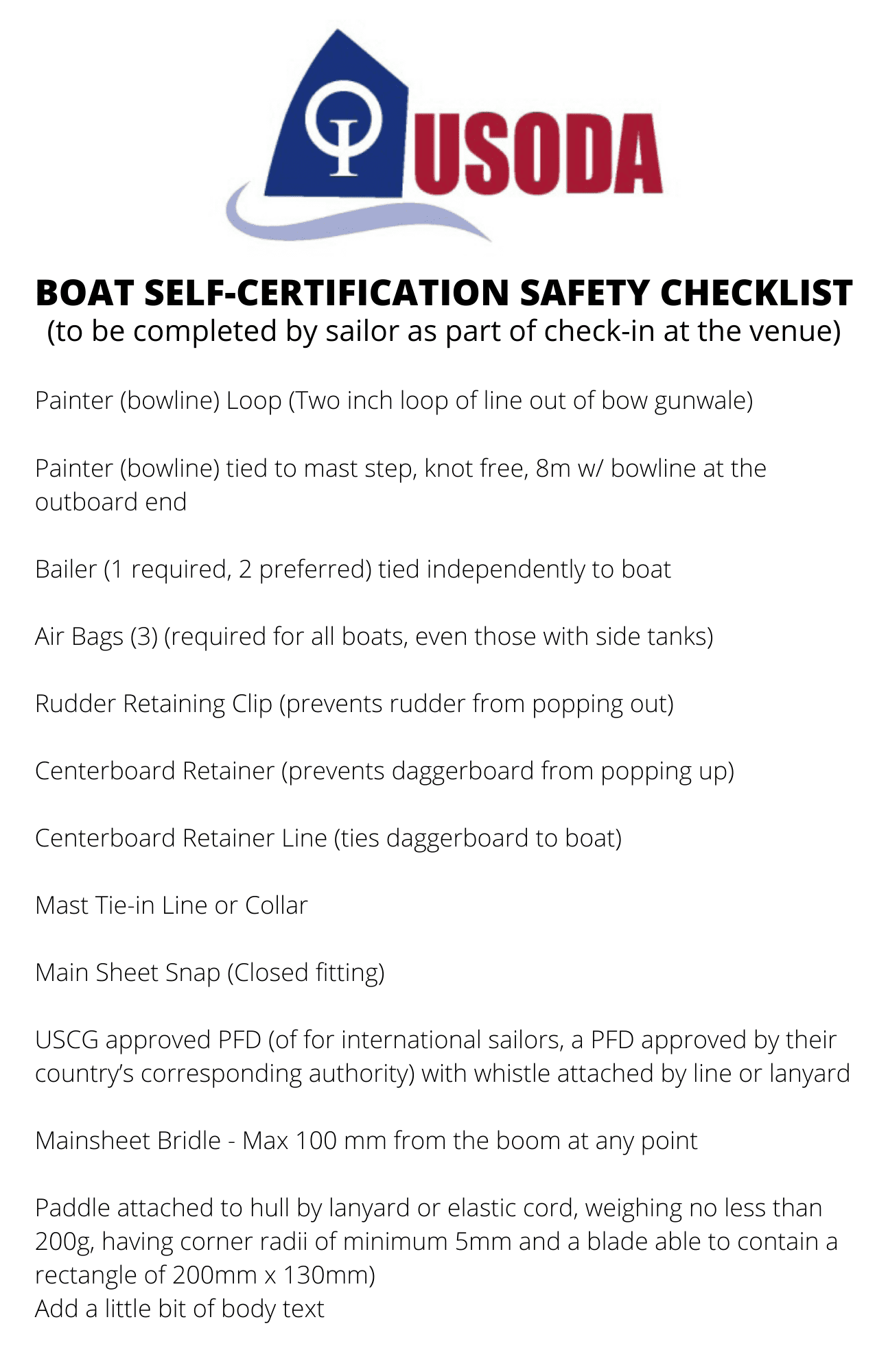 Boat SelfCertification Safety Checklist USODA
