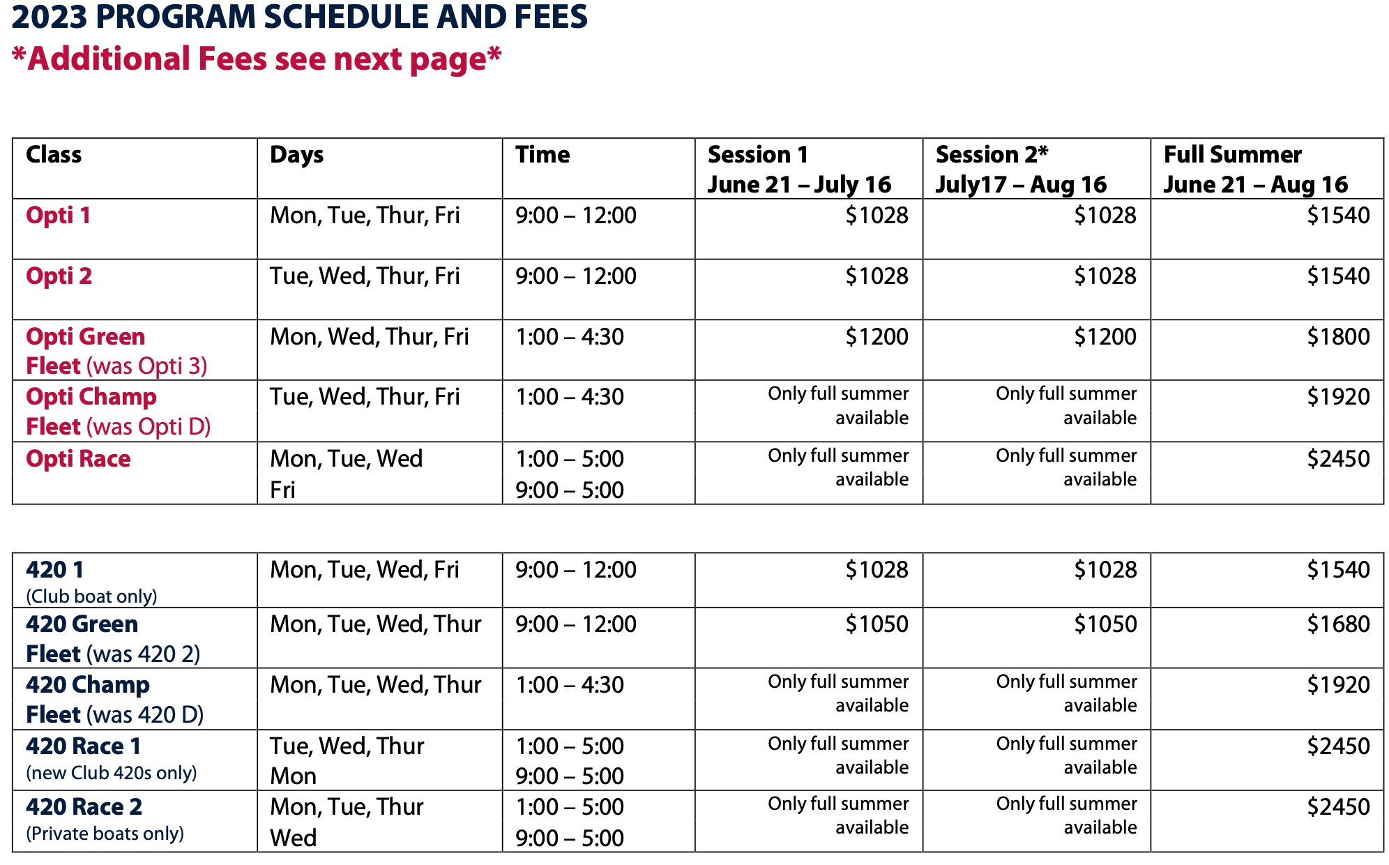 Summer Schedule & Pricing Pleon Yacht Club