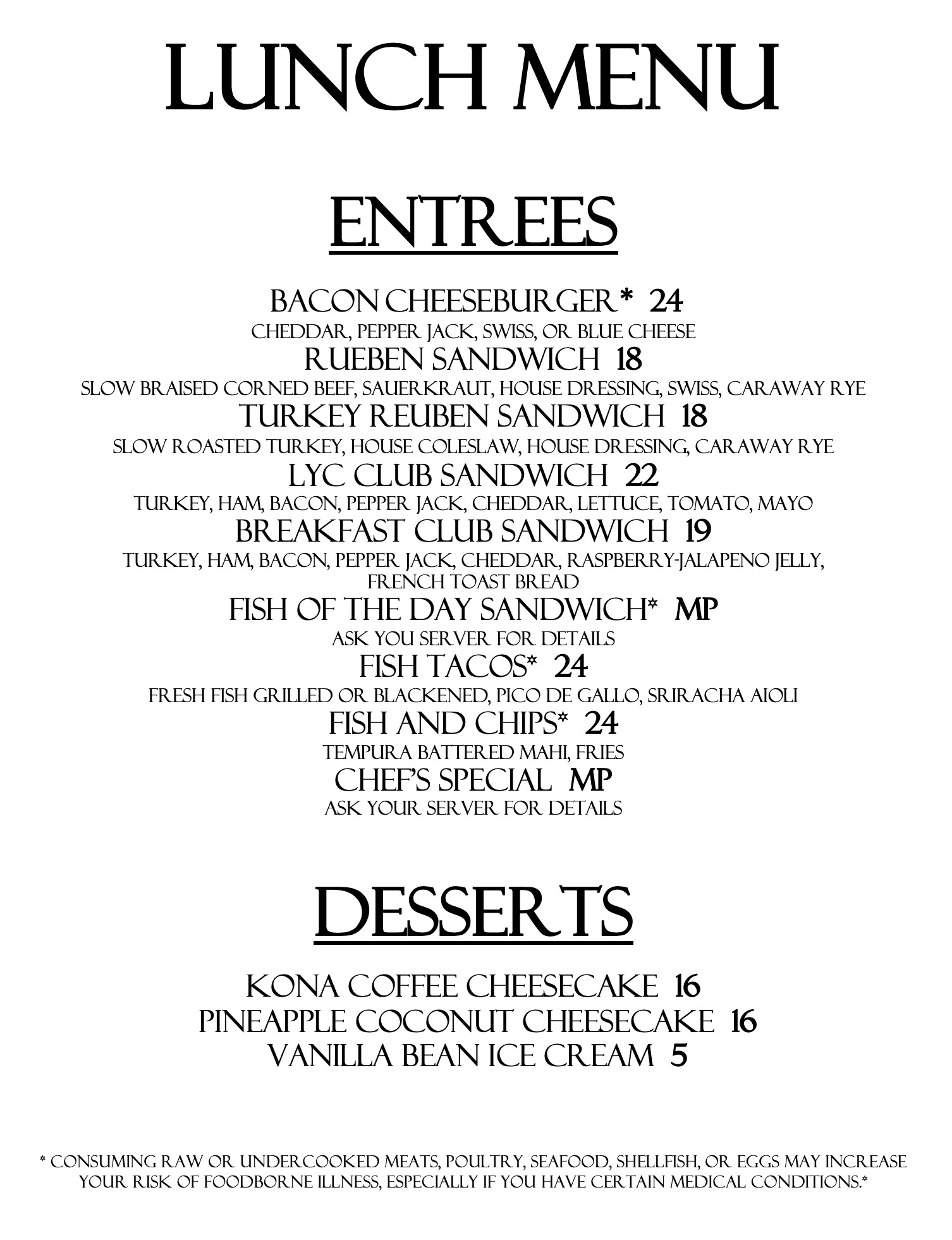 lae yacht club menu